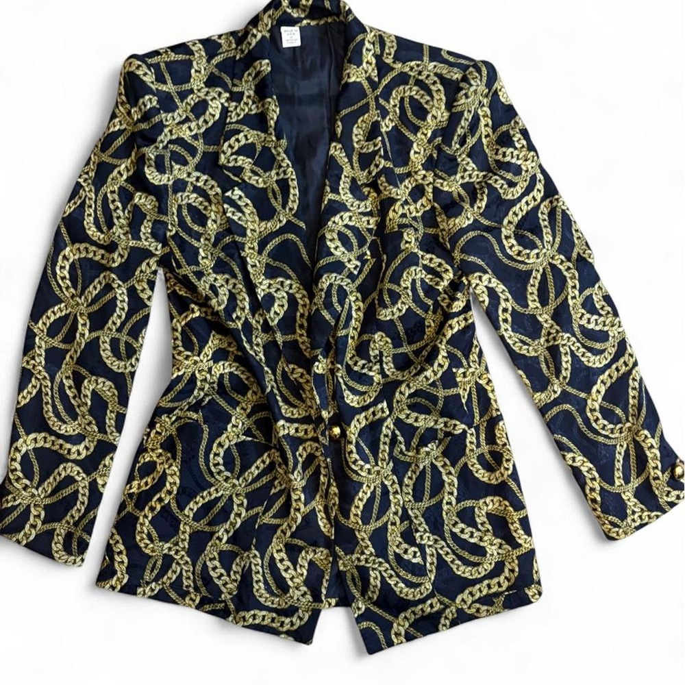 Vintage 80s 100% Silk Gold Chain Baroque Blazer Made in USA Size 10